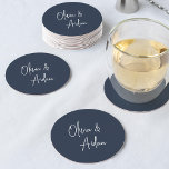Navy | Modern Handwritten Script Wedding Round Paper Coaster<br><div class="desc">Designed to match our Modern Handwritten Script wedding invitations. A beautiful typography based design with a minimalist feel,  featuring your names in modern handwritten script on a navy blue background.</div>