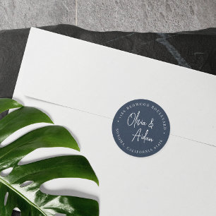 Navy   Modern Handwritten Wedding Return Address Classic Round Sticker