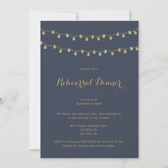 Navy modern lights rehearsal dinner invitations (Front)