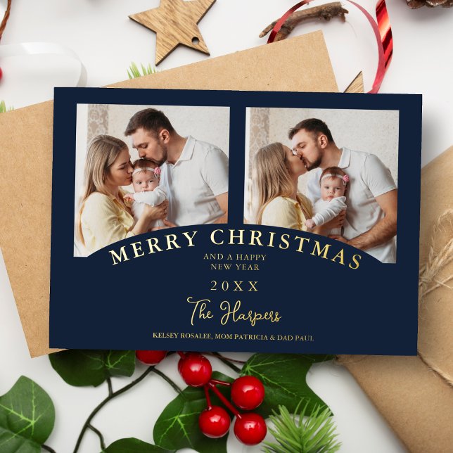 Navy Modern Luxury Chic Christmas 2 Photos Family Foil Invitation (Creator Uploaded)