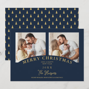 Navy Modern Luxury Chic Christmas 2 Photos Family Invitation