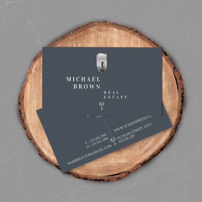 Navy Modern Metallic Key Real Estate Business Card