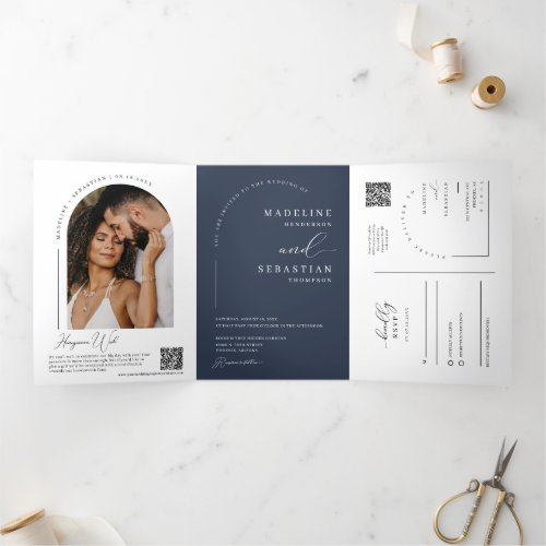 Navy Modern Minimal Arch Photo QR Code Wedding Tri_Fold Invitation