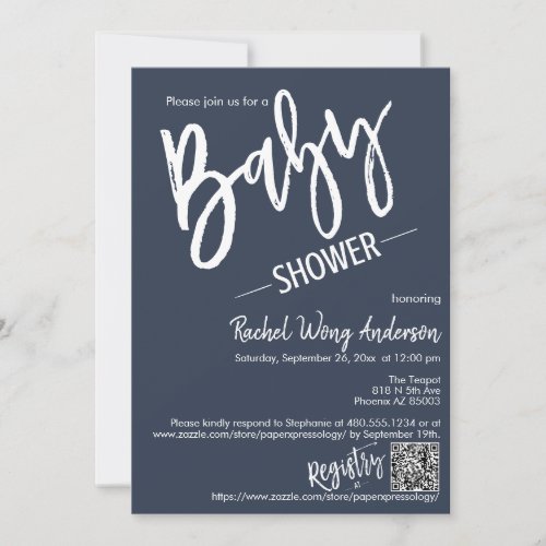 Navy Modern Minimalist Script Baby Shower QR Code Invitation