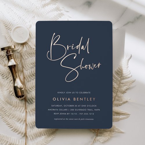 Navy  Modern Minimalist Script Bridal Shower Foil Invitation