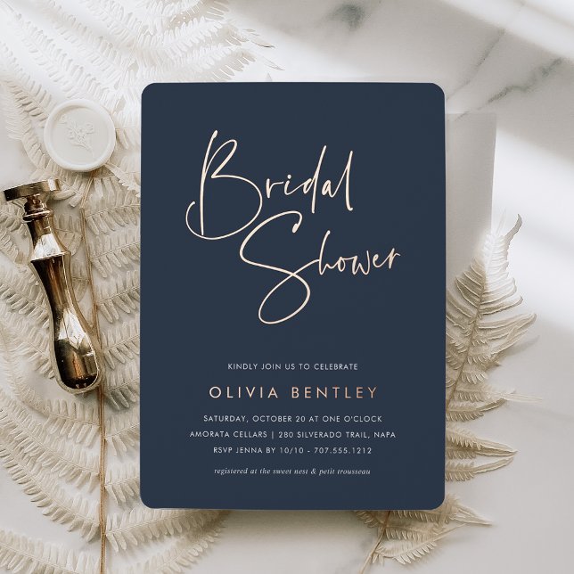 Navy | Modern Minimalist Script Bridal Shower Foil Invitation (Creator Uploaded)