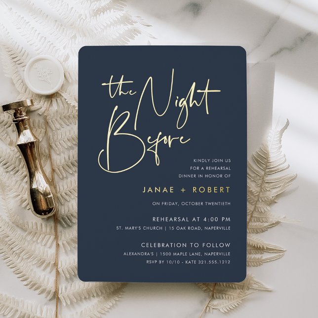 Navy | Modern Minimalist Script Rehearsal Dinner Foil Invitation (Creator Uploaded)
