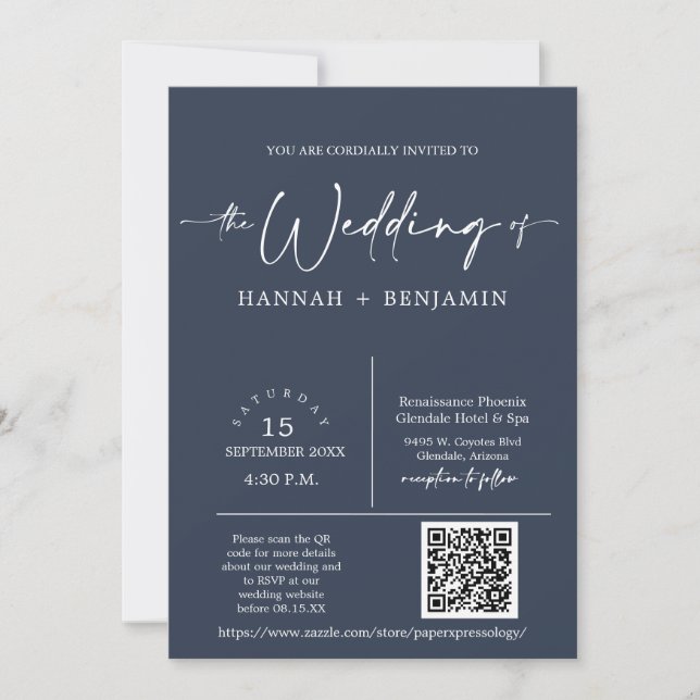 Navy Modern Minimalist Wedding Arch QR Code Photo Invitation (Front)