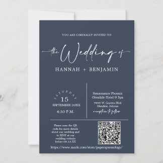 Navy Modern Minimalist Wedding Arch QR Code Photo Invitation