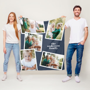 Navy modern multi photo family home decor gift fleece blanket
