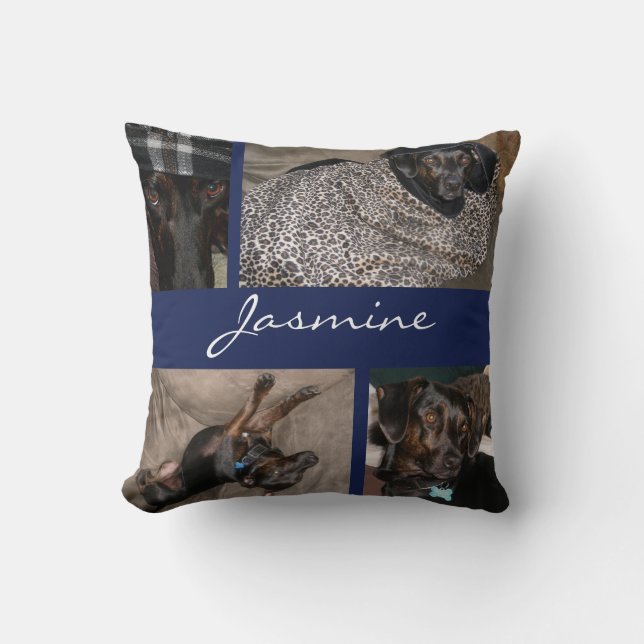 Navy Modern Pet Photo Collage Monogrammed Throw Pillow (Front)