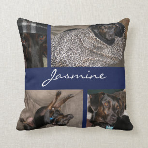 Navy Modern Pet Photo Collage Monogrammed Throw Pillow
