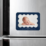 Navy Modern Scalloped Frame Birth Announcement Magnet<br><div class="desc">Modern birth announcement magnet featuring your baby's photo nestled inside of a navy scalloped frame. Personalize the navy birth announcement magnet by adding your baby's name and additional information in white lettering.</div>