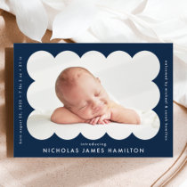 Navy Modern Scalloped Photo Frame Birth Announcement