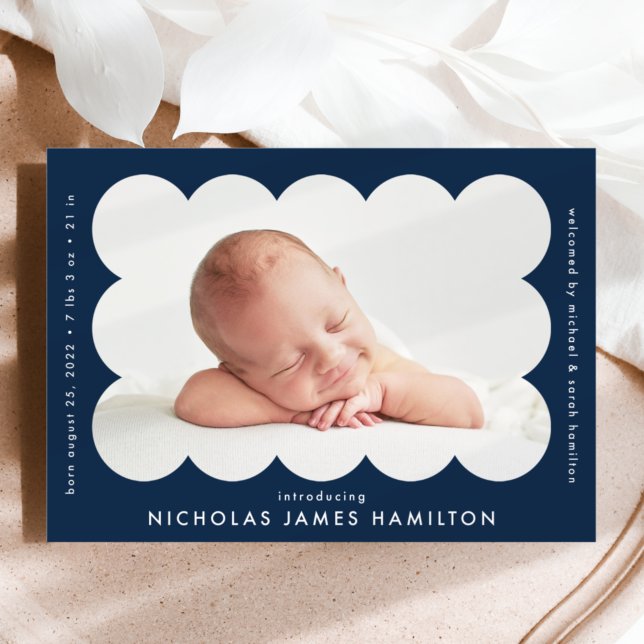Navy Modern Scalloped Photo Frame Birth Announcement (Creator Uploaded)