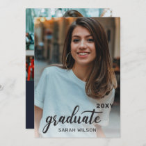 Navy Modern Script Graduate Two Photos Drive By In Invitation