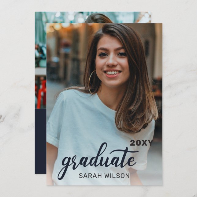 Navy Modern Script Graduate Two Photos Drive By Invitation (Front/Back)