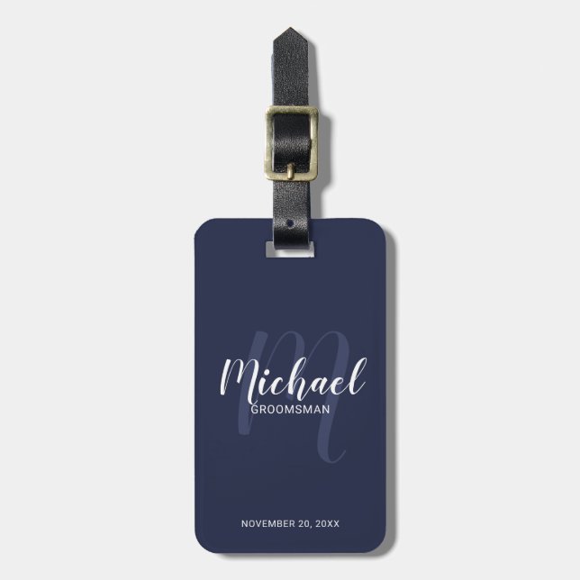 Navy Modern Script Personalized Groomsmen Luggage Tag (Front Vertical)
