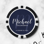 Navy Modern Script Personalized Groomsmen Poker Chips<br><div class="desc">Add a personal touch to your wedding with personalized groomsmen poker chips. This design features personalized groomsmen's name in white modern script font style and monogram in light navy blue modern script font style as background with title and wedding date in white modern sans serif font style on navy blue...</div>
