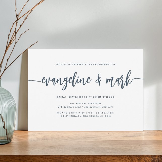 Navy | Modern Signature Script Engagement Party Invitation (Creator Uploaded)