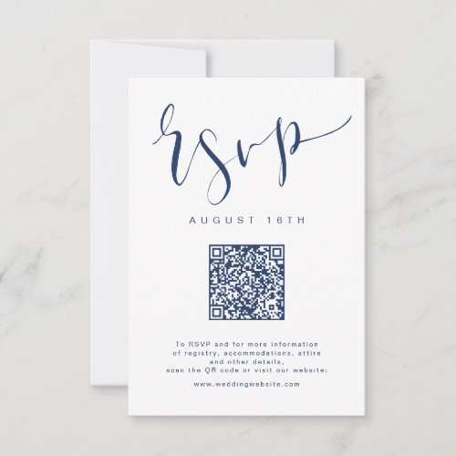 Navy Modern Simple Script wedding QR code RSVP Card