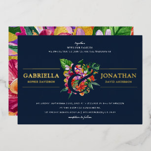 Navy Modern Tropical Bouquet Wedding Foil Invitation
