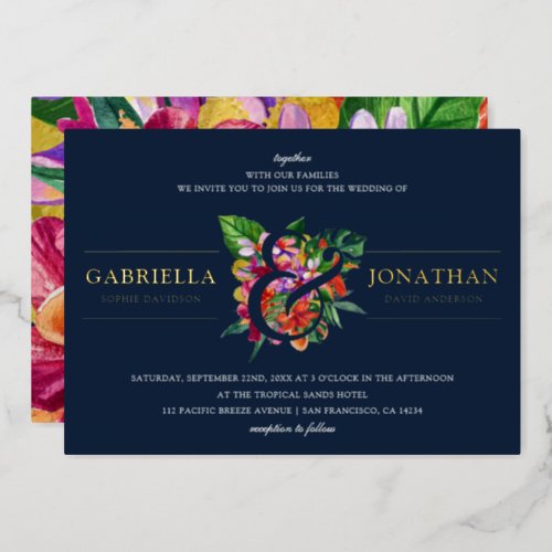 Navy Modern Tropical Bouquet Wedding Foil Invitation