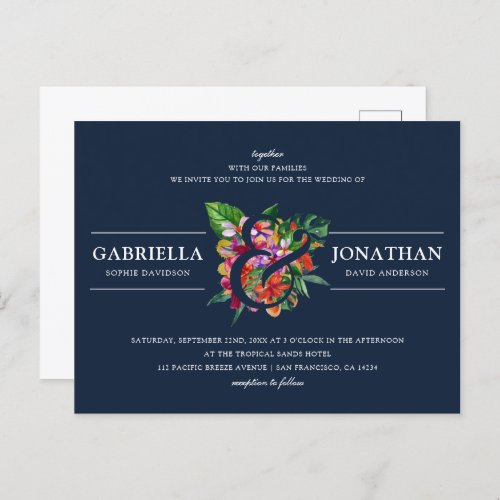 Navy Modern Tropical Bouquet Wedding Invitation Postcard