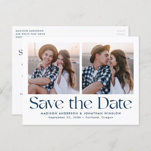 Navy Modern Vintage Lettering Photo Save the Date Announcement Postcard
