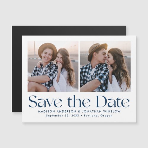 Navy Modern Vintage Lettering Photo Save the Date Magnetic Invitation