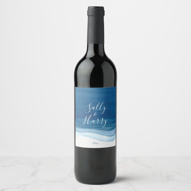 Navy, Modern Watercolor Wine Label (Front)