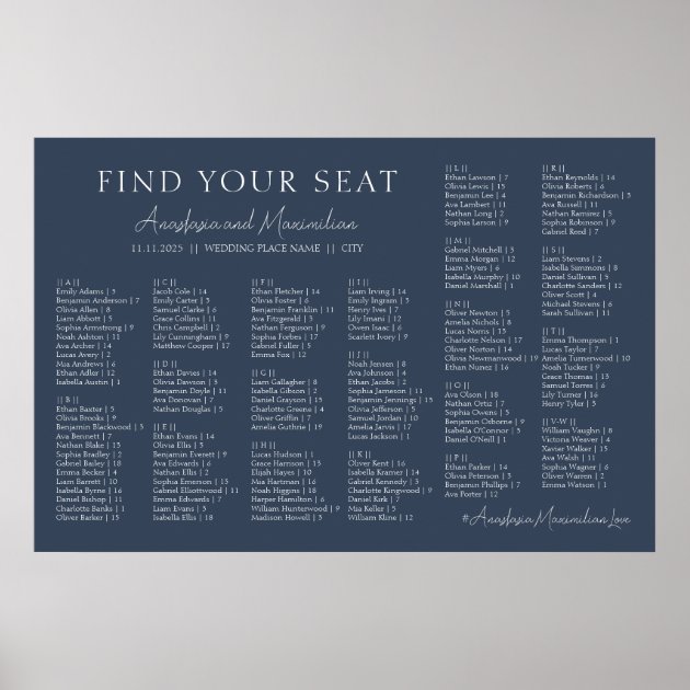 Private: Navy Modern Wedding Alphabetical Seating Chart