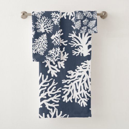 Navy Modern  White Beach Coral  Reefs  Bath Towel Set