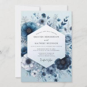 Navy Monochromatic Bloom Wedding Invitation