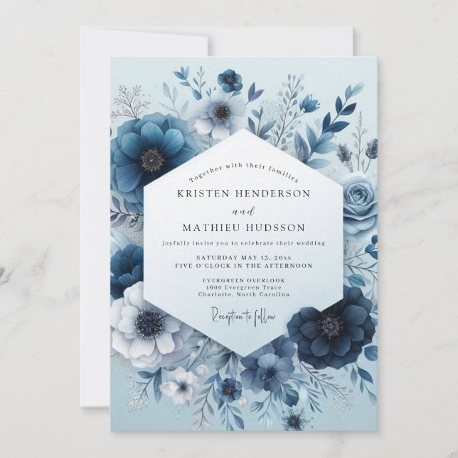 Navy Monochromatic Bloom Wedding Invitation (Front)