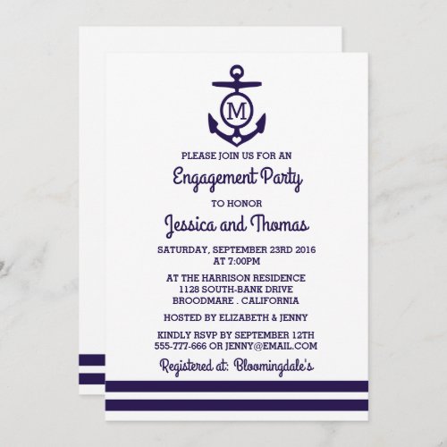 Navy Monogram Anchor Nautical Engagement Party Invitation
