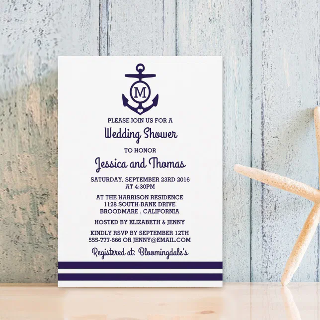 Navy Monogram Anchor Nautical Wedding Shower Invitation | Zazzle