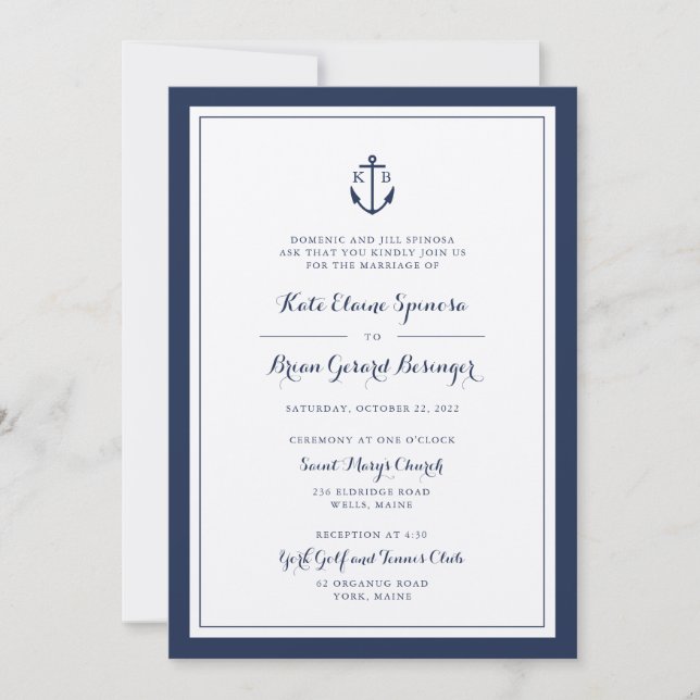 Navy Monogram Anchor Wedding Invitation (Front)