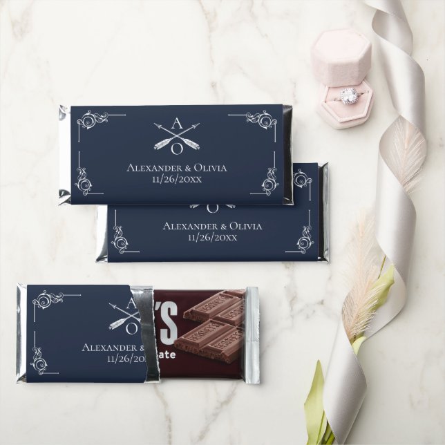 Navy Monogram and Arrows Wedding Hershey Bar Favors (Front)