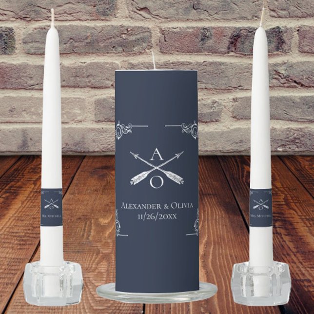 Navy Monogram and Arrows Wedding Unity Candle Set (Navy Monogram and Arrows Wedding Unity Candle Set)