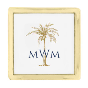 Navy Monogram Artistic Gold Palm Tree Tropical Finish Lapel Pin