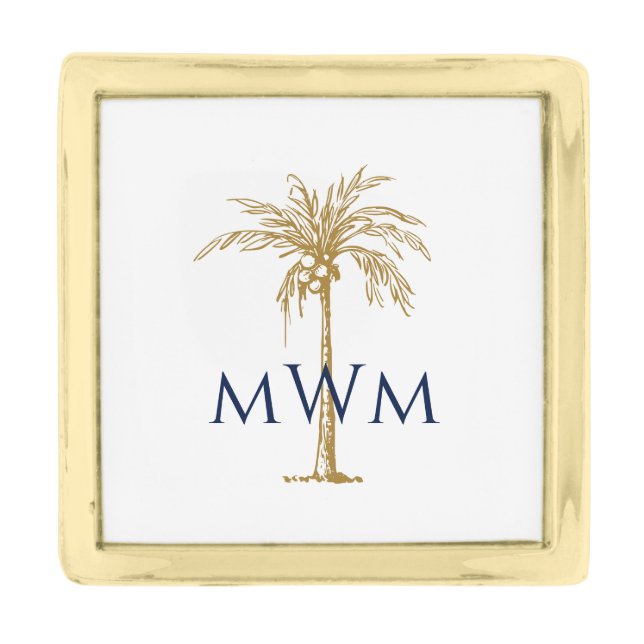 Navy Monogram Artistic Gold Palm Tree Tropical Finish Lapel Pin (Front)