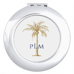 Navy Monogram Artistic Tropical Golden Palm Tree Compact Mirror
