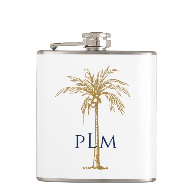 Navy Monogram Artistic Tropical Golden Palm Tree Flask (Front)
