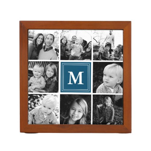 Navy Monogram Family Photo Collage Desk Organizer