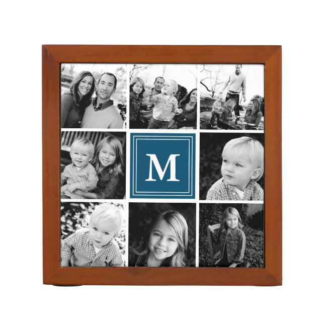 Navy Monogram Family Photo Collage Desk Organizer (Front)