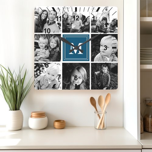 Navy Monogram Family Photo Collage Square Wall Clock