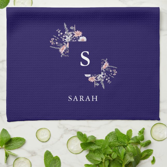 Navy Monogram Initial Modern Mom Tea Dish Kitchen Towel (Folded)