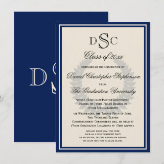 Navy Monogram Laurel Classic College Graduation In Invitation