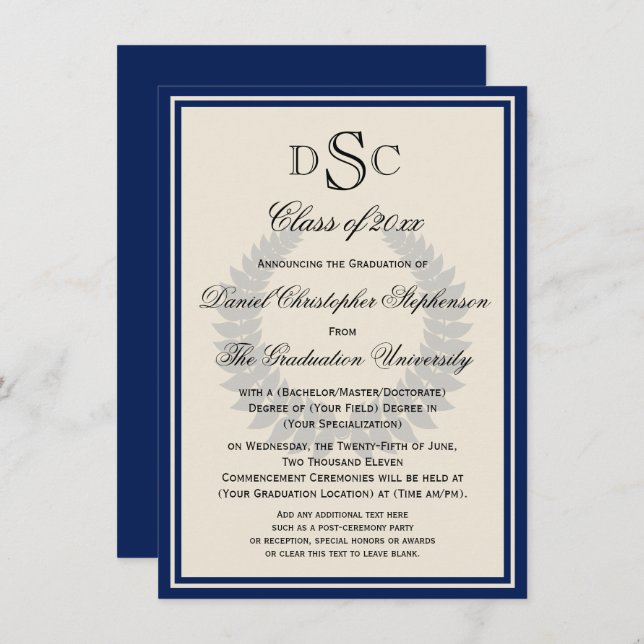 Navy Monogram Laurel Classic College Graduation In Invitation (Front/Back)
